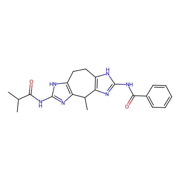 2D Structure of N-[2-methyl-12-(2-methylpropanoylamino)-4,6,11,13-tetrazatricyclo[8.3.0.03,7]trideca-1(10),3(7),4,12-tetraen-5-yl]benzamide