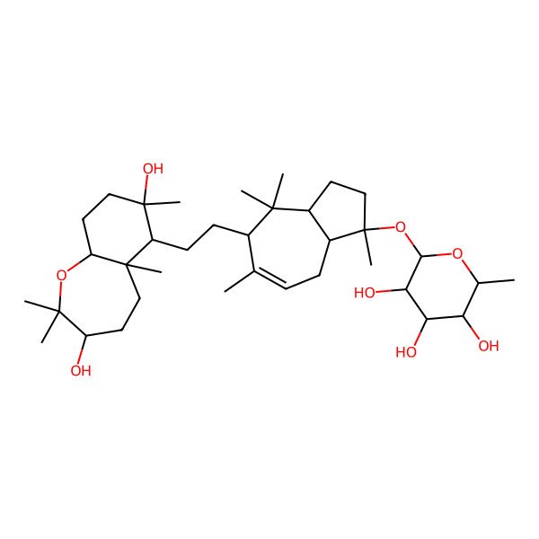 2D Structure of (2S,3R,4R,5R,6S)-2-[[(1R,3aR,5S,8aR)-5-[2-[(3R,5aR,6R,7S,9aR)-3,7-dihydroxy-2,2,5a,7-tetramethyl-4,5,6,8,9,9a-hexahydro-3H-benzo[b]oxepin-6-yl]ethyl]-1,4,4,6-tetramethyl-2,3,3a,5,8,8a-hexahydroazulen-1-yl]oxy]-6-methyloxane-3,4,5-triol