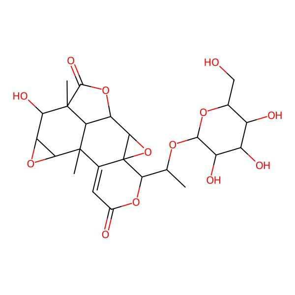 2D Structure of 14-Hydroxy-10,15-dimethyl-5-[1-[3,4,5-trihydroxy-6-(hydroxymethyl)oxan-2-yl]oxyethyl]-3,6,12,17-tetraoxahexacyclo[8.7.1.02,4.04,9.011,13.015,18]octadec-8-ene-7,16-dione