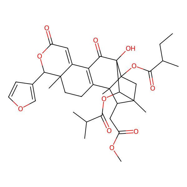 2D Structure of [(1S,5R,6R,13R,14R,15R,17R,18R)-6-(furan-3-yl)-13-hydroxy-18-(2-methoxy-2-oxoethyl)-1,5,15-trimethyl-14-(2-methylpropanoyloxy)-8,12-dioxo-7-oxapentacyclo[13.2.1.02,11.05,10.013,17]octadeca-2(11),9-dien-17-yl] (2S)-2-methylbutanoate