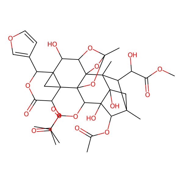 2D Structure of [(1S,2R,3S,6R,7R,8S,9S,11S,13S,14S,15S,17S,18R,19R,20S,22R)-3,18-diacetyloxy-6-(furan-3-yl)-8,15,19-trihydroxy-22-[(1S)-1-hydroxy-2-methoxy-2-oxoethyl]-11,14,17-trimethyl-4-oxo-5,10,12,21-tetraoxaoctacyclo[9.9.1.12,7.114,17.01,13.02,7.09,13.015,19]tricosan-20-yl] 2-methylpropanoate