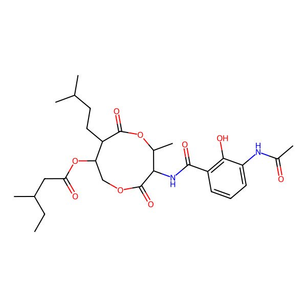 2D Structure of [(2R,3S,7R,8R)-3-[(3-acetamido-2-hydroxybenzoyl)amino]-2-methyl-8-(3-methylbutyl)-4,9-dioxo-1,5-dioxonan-7-yl] 3-methylpentanoate