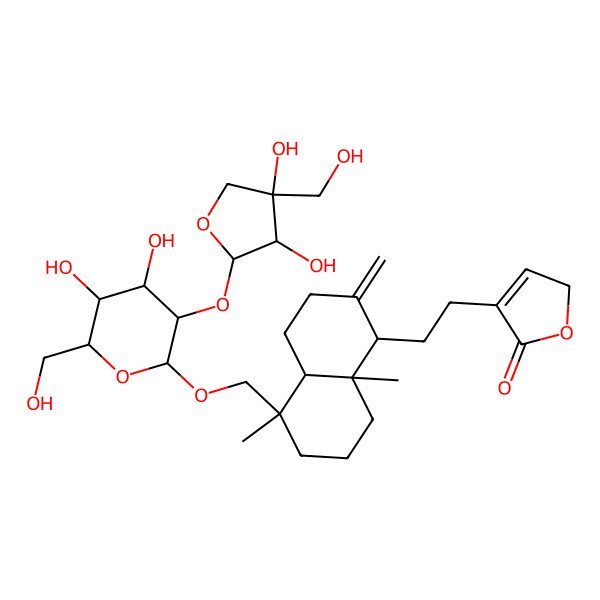 2D Structure of 4-[2-[5-[[3-[3,4-dihydroxy-4-(hydroxymethyl)oxolan-2-yl]oxy-4,5-dihydroxy-6-(hydroxymethyl)oxan-2-yl]oxymethyl]-5,8a-dimethyl-2-methylidene-3,4,4a,6,7,8-hexahydro-1H-naphthalen-1-yl]ethyl]-2H-furan-5-one