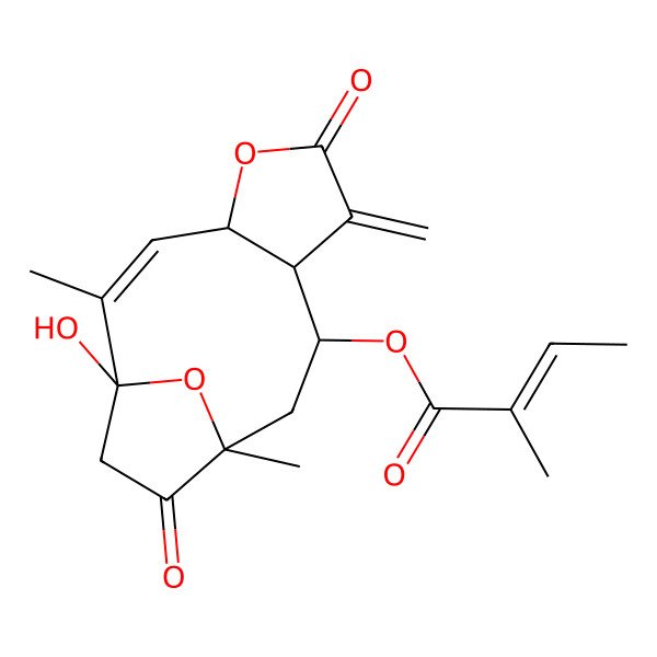 2D Structure of (1-Hydroxy-2,11-dimethyl-7-methylidene-6,12-dioxo-5,14-dioxatricyclo[9.2.1.04,8]tetradec-2-en-9-yl) 2-methylbut-2-enoate