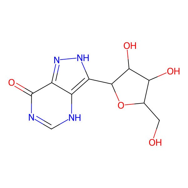 2D Structure of 3-[(2S,3R,4S,5R)-3,4-dihydroxy-5-(hydroxymethyl)oxolan-2-yl]-2,4-dihydropyrazolo[4,3-d]pyrimidin-7-one