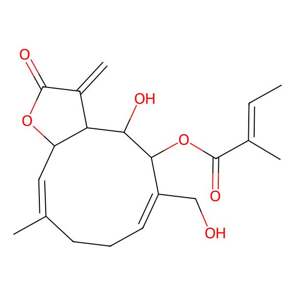 2D Structure of [4-Hydroxy-6-(hydroxymethyl)-10-methyl-3-methylidene-2-oxo-3a,4,5,8,9,11a-hexahydrocyclodeca[b]furan-5-yl] 2-methylbut-2-enoate