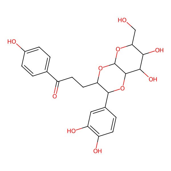 2D Structure of 3-[2-(3,4-dihydroxyphenyl)-7,8-dihydroxy-6-(hydroxymethyl)-3,4a,6,7,8,8a-hexahydro-2H-pyrano[2,3-b][1,4]dioxin-3-yl]-1-(4-hydroxyphenyl)propan-1-one
