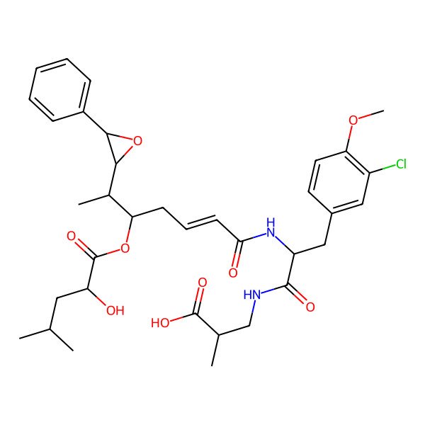 2D Structure of (2S)-3-[[(2R)-3-(3-chloro-4-methoxyphenyl)-2-[[(E,5S,6R)-5-[(2S)-2-hydroxy-4-methylpentanoyl]oxy-6-[(2S,3R)-3-phenyloxiran-2-yl]hept-2-enoyl]amino]propanoyl]amino]-2-methylpropanoic acid