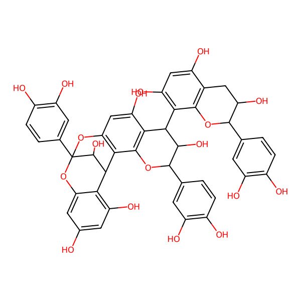 2D Structure of (1R,5R,6S,7S,13S,21R)-5,13-bis(3,4-dihydroxyphenyl)-7-[(2R,3R)-2-(3,4-dihydroxyphenyl)-3,5,7-trihydroxy-3,4-dihydro-2H-chromen-8-yl]-4,12,14-trioxapentacyclo[11.7.1.02,11.03,8.015,20]henicosa-2(11),3(8),9,15,17,19-hexaene-6,9,17,19,21-pentol