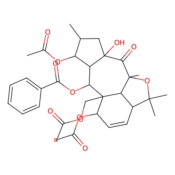 2D Structure of [(1R,2R,3R,4S,5S,7R,9S,12R,15R,16R)-4,15-diacetyloxy-1-(acetyloxymethyl)-7-hydroxy-5,9,11,11-tetramethyl-8-oxo-10-oxatetracyclo[7.6.1.03,7.012,16]hexadec-13-en-2-yl] benzoate