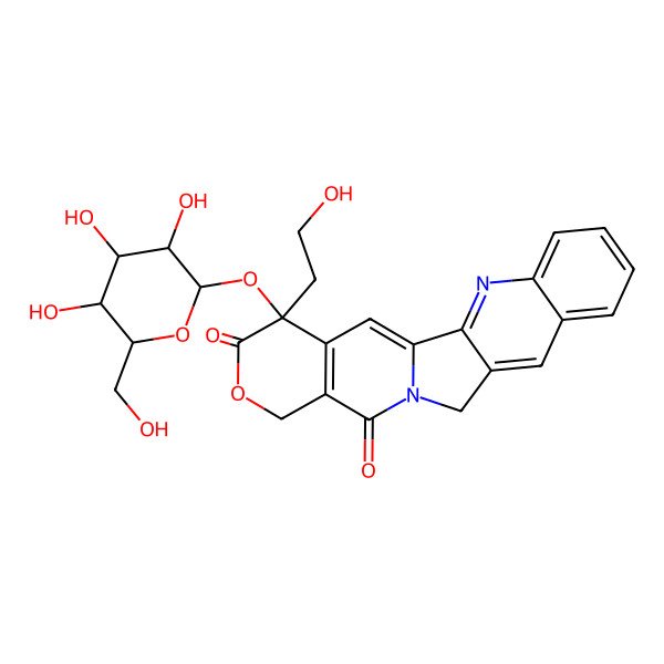 2D Structure of (19S)-19-(2-hydroxyethyl)-19-[(2S,3R,4S,5S,6R)-3,4,5-trihydroxy-6-(hydroxymethyl)oxan-2-yl]oxy-17-oxa-3,13-diazapentacyclo[11.8.0.02,11.04,9.015,20]henicosa-1(21),2,4,6,8,10,15(20)-heptaene-14,18-dione