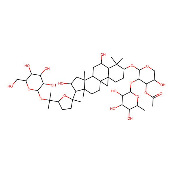 2D Structure of [(2S,3R,4S,5R)-2-[[(1S,3R,6S,8R,9S,11S,12S,14S,15R,16R)-9,14-dihydroxy-7,7,12,16-tetramethyl-15-[(2R,5S)-2-methyl-5-[2-[(2S,3R,4S,5S,6R)-3,4,5-trihydroxy-6-(hydroxymethyl)oxan-2-yl]oxypropan-2-yl]oxolan-2-yl]-6-pentacyclo[9.7.0.01,3.03,8.012,16]octadecanyl]oxy]-5-hydroxy-3-[(2S,3R,4R,5R,6S)-3,4,5-trihydroxy-6-methyloxan-2-yl]oxyoxan-4-yl] acetate