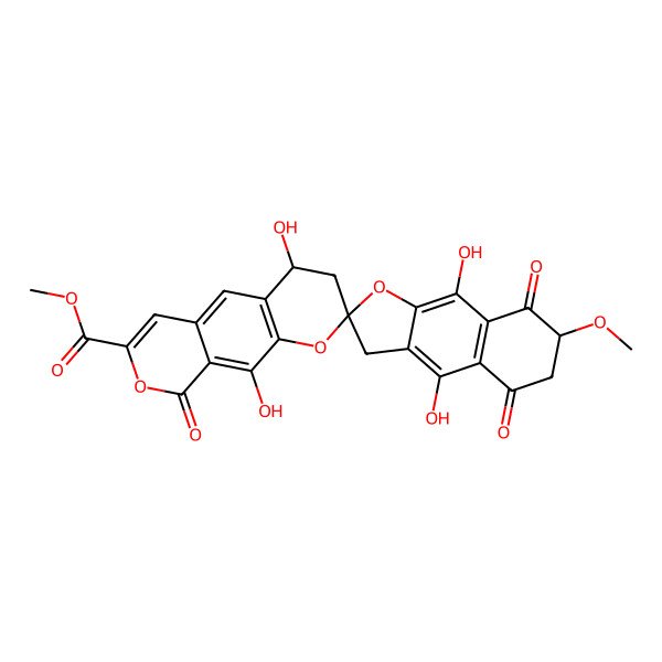 2D Structure of methyl 4,4',9',10-tetrahydroxy-7'-methoxy-5',8',9-trioxospiro[3,4-dihydropyrano[4,3-g]chromene-2,2'-6,7-dihydro-3H-benzo[f][1]benzofuran]-7-carboxylate