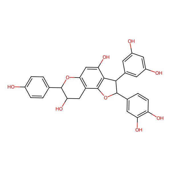 2D Structure of 2-(3,4-dihydroxyphenyl)-3-(3,5-dihydroxyphenyl)-7-(4-hydroxyphenyl)-3,7,8,9-tetrahydro-2H-furo[2,3-f]chromene-4,8-diol
