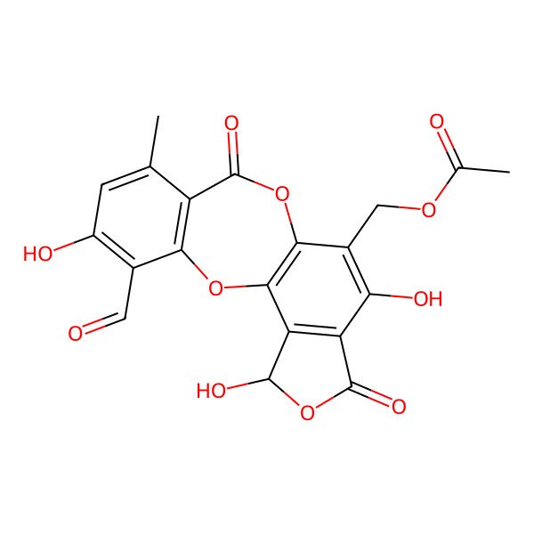 2D Structure of (4-Ormyl-5,13,17-trihydroxy-7-methyl-9,15-dioxo-2,10,16-trioxatetracyclo[9.7.0.03,8.014,18]octadeca-1(11),3(8),4,6,12,14(18)-hexaen-12-yl)methyl acetate