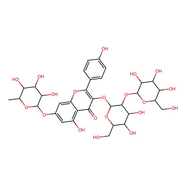 2D Structure of 3-[(2S,3R,4S,5R,6R)-4,5-dihydroxy-6-(hydroxymethyl)-3-[(2S,3R,4S,5S,6R)-3,4,5-trihydroxy-6-(hydroxymethyl)oxan-2-yl]oxyoxan-2-yl]oxy-5-hydroxy-2-(4-hydroxyphenyl)-7-[(2S,3R,4R,5R,6S)-3,4,5-trihydroxy-6-methyloxan-2-yl]oxychromen-4-one