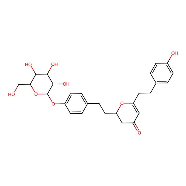 2D Structure of 6-[2-(4-Hydroxyphenyl)ethyl]-2-[2-[4-[3,4,5-trihydroxy-6-(hydroxymethyl)oxan-2-yl]oxyphenyl]ethyl]-2,3-dihydropyran-4-one