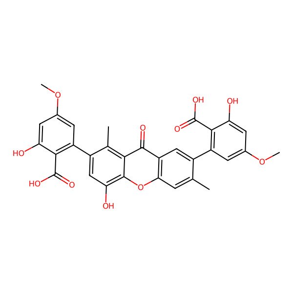 2D Structure of 2-[7-(2-Carboxy-3-hydroxy-5-methoxyphenyl)-5-hydroxy-3,8-dimethyl-9-oxoxanthen-2-yl]-6-hydroxy-4-methoxybenzoic acid