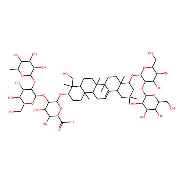 2D Structure of beta-D-Glucopyranosiduronic acid, (3beta,4beta,22beta)-22-[(2-O-beta-D-glucopyranosyl-beta-D-glucopyranosyl)oxy]-23-hydroxyolean-12-en-3-yl O-6-deoxy-alpha-L-mannopyranosyl-(1-->2)-O-beta-D-galactopyranosyl-(1-->2)-