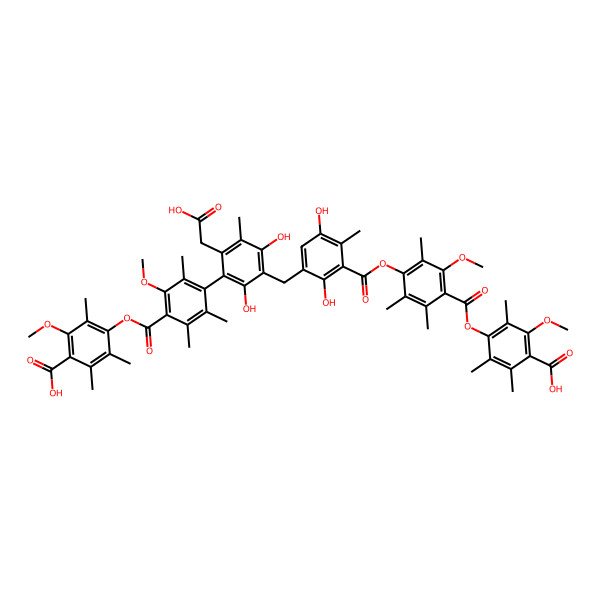 2D Structure of 4-[4-[5-[[3-[4-(4-Carboxy-3-methoxy-2,5,6-trimethylphenoxy)carbonyl-3-methoxy-2,5,6-trimethylphenoxy]carbonyl-2,5-dihydroxy-4-methylphenyl]methyl]-2-(carboxymethyl)-4,6-dihydroxy-3-methylphenyl]-2-methoxy-3,5,6-trimethylbenzoyl]oxy-2-methoxy-3,5,6-trimeth