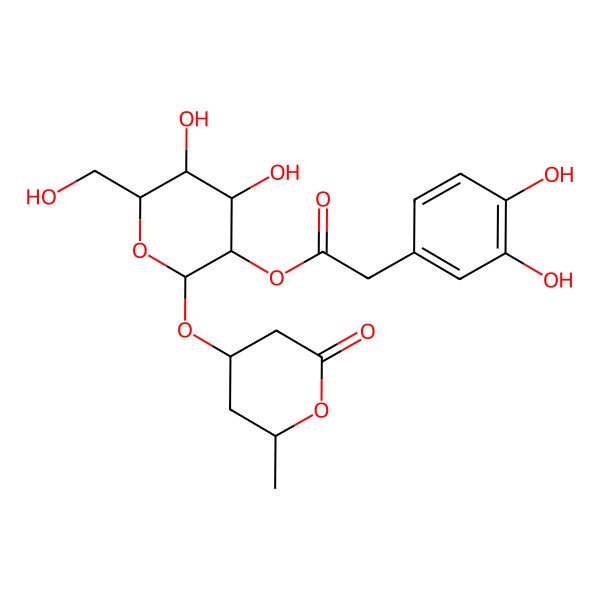 2D Structure of [(2S,3R,4S,5S,6R)-4,5-dihydroxy-6-(hydroxymethyl)-2-[(2R,4R)-2-methyl-6-oxooxan-4-yl]oxyoxan-3-yl] 2-(3,4-dihydroxyphenyl)acetate