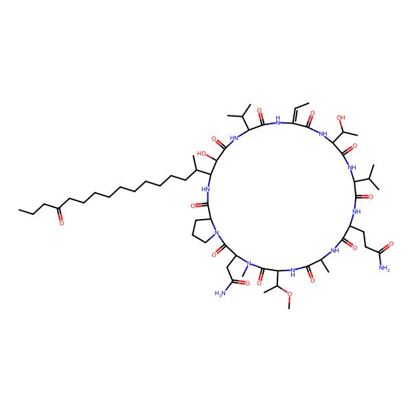 2D Structure of 3-[(3S,6S,9R,12S,15S,18S,21E,24S,27R,28R,31S)-3-(2-amino-2-oxoethyl)-21-ethylidene-27-hydroxy-18-[(1R)-1-hydroxyethyl]-6-[(1R)-1-methoxyethyl]-4,9-dimethyl-2,5,8,11,14,17,20,23,26,30-decaoxo-28-[(2S)-13-oxohexadecan-2-yl]-15,24-di(propan-2-yl)-1,4,7,10,13,16,19,22,25,29-decazabicyclo[29.3.0]tetratriacontan-12-yl]propanamide