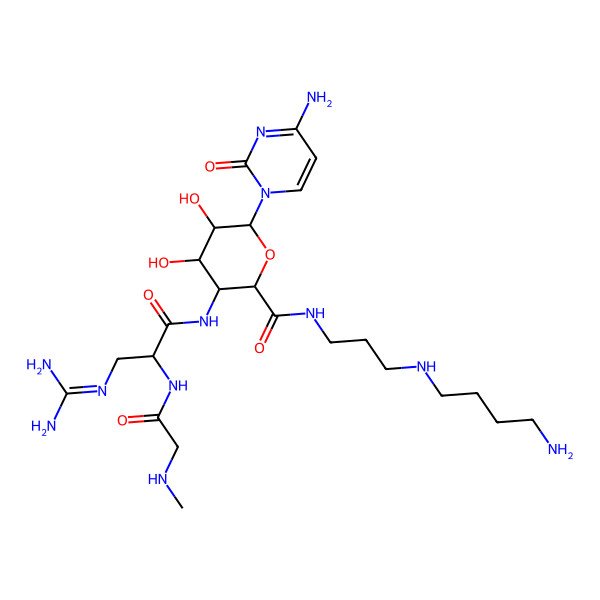 2D Structure of (2R,3S,4S,5R,6R)-N-[3-(4-aminobutylamino)propyl]-6-(4-amino-2-oxopyrimidin-1-yl)-3-[[(2R)-3-(diaminomethylideneamino)-2-[[2-(methylamino)acetyl]amino]propanoyl]amino]-4,5-dihydroxyoxane-2-carboxamide