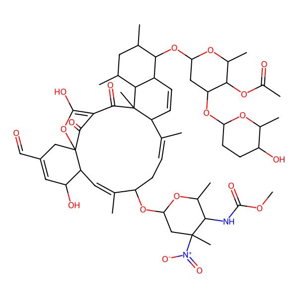 2D Structure of [6-[[(7E,11E)-3-formyl-5,25-dihydroxy-9-[5-(methoxycarbonylamino)-4,6-dimethyl-4-nitrooxan-2-yl]oxy-8,12,18,20,22-pentamethyl-23,27-dioxo-26-oxapentacyclo[22.2.1.01,6.013,22.016,21]heptacosa-3,7,11,14,24-pentaen-17-yl]oxy]-4-(5-hydroxy-6-methyloxan-2-yl)oxy-2-methyloxan-3-yl] acetate