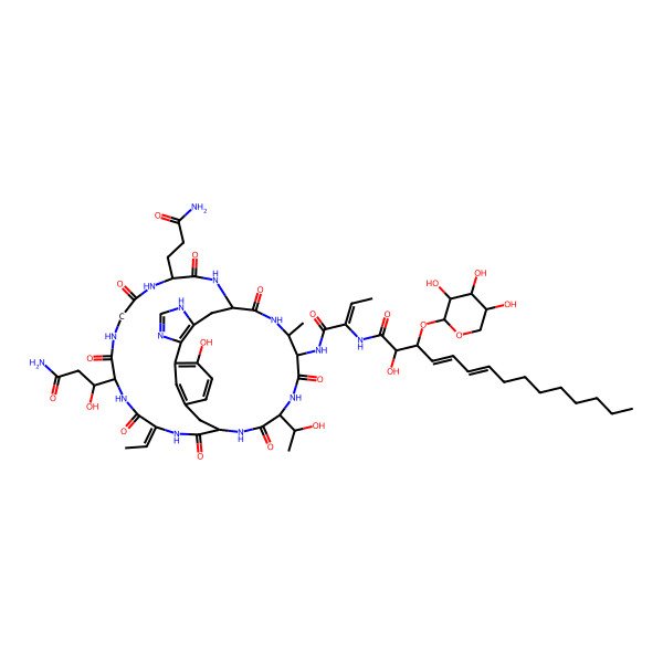 2D Structure of (2S,3R,4E,6E)-N-[(E)-1-[[(1S,4R,10R,13E,16S,31S,32S,35R)-10-[(1S)-3-amino-1-hydroxy-3-oxopropyl]-4-(3-amino-3-oxopropyl)-13-ethylidene-21-hydroxy-35-[(1R)-1-hydroxyethyl]-31-methyl-3,6,9,12,15,29,33,36-octaoxo-2,5,8,11,14,24,26,30,34,37-decazatetracyclo[14.12.9.118,22.023,27]octatriaconta-18(38),19,21,23(27),24-pentaen-32-yl]amino]-1-oxobut-2-en-2-yl]-2-hydroxy-3-[(2R,3S,4S,5R)-3,4,5-trihydroxyoxan-2-yl]oxypentadeca-4,6-dienamide