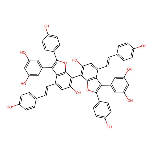 2D Structure of 5-[7-[3-(3,5-dihydroxyphenyl)-6-hydroxy-2-(4-hydroxyphenyl)-4-[(E)-2-(4-hydroxyphenyl)ethenyl]-1-benzofuran-7-yl]-6-hydroxy-2-(4-hydroxyphenyl)-4-[(E)-2-(4-hydroxyphenyl)ethenyl]-1-benzofuran-3-yl]benzene-1,3-diol