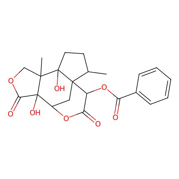 2D Structure of (5,10-Dihydroxy-2,6-dimethyl-9,13-dioxo-8,12-dioxatetracyclo[9.3.1.01,5.06,10]pentadecan-14-yl) benzoate