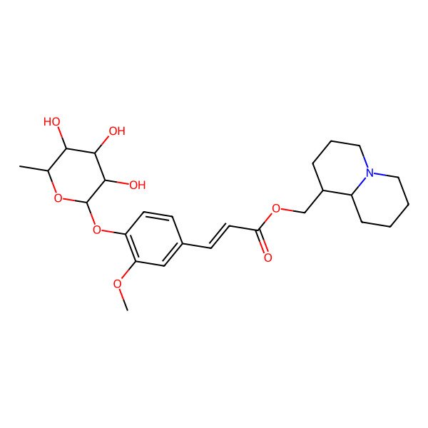 2D Structure of [(1S,9aR)-2,3,4,6,7,8,9,9a-octahydro-1H-quinolizin-1-yl]methyl (Z)-3-[3-methoxy-4-[(2S,3R,4R,5R,6S)-3,4,5-trihydroxy-6-methyloxan-2-yl]oxyphenyl]prop-2-enoate