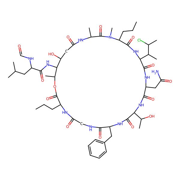 2D Structure of (2R)-N-[(3R,9S,12R,15R,18R,21R,24R,28R,29R,30R)-15-(2-amino-2-oxoethyl)-9-benzyl-18-[(2S,3S)-3-chlorobutan-2-yl]-28-hydroxy-12-[(1R)-1-hydroxyethyl]-22,24,30-trimethyl-2,5,8,11,14,17,20,23,26-nonaoxo-3,21-dipropyl-1-oxa-4,7,10,13,16,19,22,25-octazacyclotriacont-29-yl]-2-formamido-4-methylpentanamide