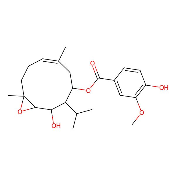 2D Structure of (2-Hydroxy-6,10-dimethyl-3-propan-2-yl-11-oxabicyclo[8.1.0]undec-6-en-4-yl) 4-hydroxy-3-methoxybenzoate