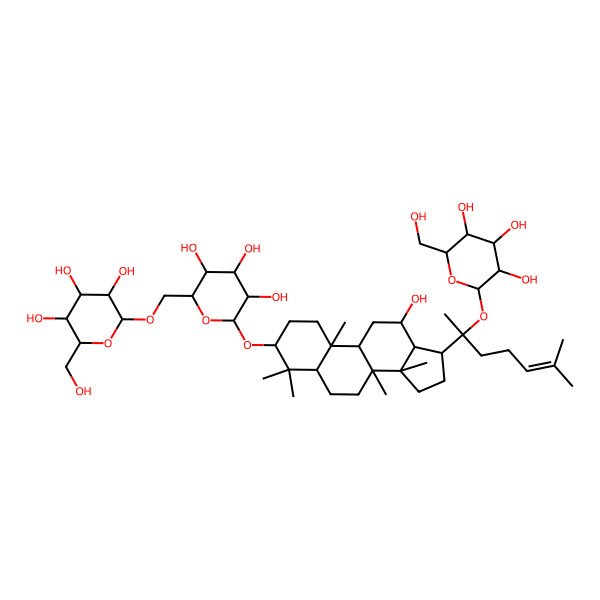 2D Structure of (2R,3S,4S,5R,6R)-2-(hydroxymethyl)-6-[[(2R,3S,4S,5R,6R)-3,4,5-trihydroxy-6-[[(3S,5R,8R,9R,10R,12R,13R,14R,17S)-12-hydroxy-4,4,8,10,14-pentamethyl-17-[(2S)-6-methyl-2-[(2S,3R,4S,5S,6R)-3,4,5-trihydroxy-6-(hydroxymethyl)oxan-2-yl]oxyhept-5-en-2-yl]-2,3,5,6,7,9,11,12,13,15,16,17-dodecahydro-1H-cyclopenta[a]phenanthren-3-yl]oxy]oxan-2-yl]methoxy]oxane-3,4,5-triol