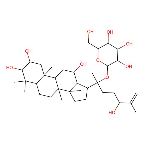 2D Structure of 2-(hydroxymethyl)-6-[5-hydroxy-6-methyl-2-(2,3,12-trihydroxy-4,4,8,10,14-pentamethyl-2,3,5,6,7,9,11,12,13,15,16,17-dodecahydro-1H-cyclopenta[a]phenanthren-17-yl)hept-6-en-2-yl]oxyoxane-3,4,5-triol
