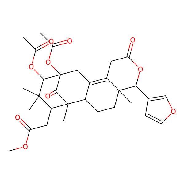 2D Structure of Methyl 2-[13,14-diacetyloxy-6-(furan-3-yl)-1,5,15,15-tetramethyl-8,17-dioxo-7-oxatetracyclo[11.3.1.02,11.05,10]heptadec-10-en-16-yl]acetate