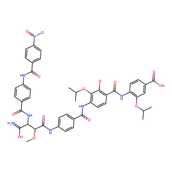 2D Structure of 3-[[4-[[(2S,3S)-4-azaniumylidene-4-hydroxy-2-methoxy-3-[[4-[(4-nitrobenzoyl)amino]benzoyl]amino]butanoyl]amino]benzoyl]amino]-6-[(4-carboxy-2-propan-2-yloxyphenyl)carbamoyl]-2-propan-2-yloxyphenolate