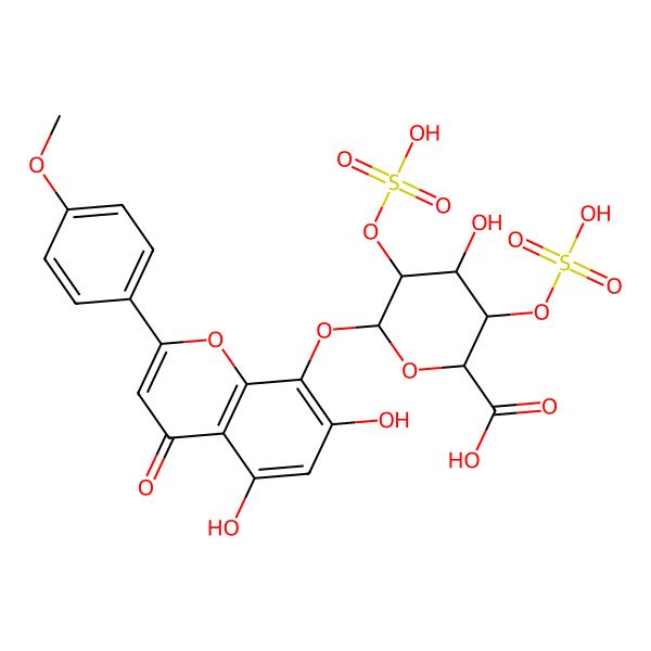 2D Structure of (2S,3S,4S,5R,6S)-6-[5,7-dihydroxy-2-(4-methoxyphenyl)-4-oxochromen-8-yl]oxy-4-hydroxy-3,5-disulfooxyoxane-2-carboxylic acid