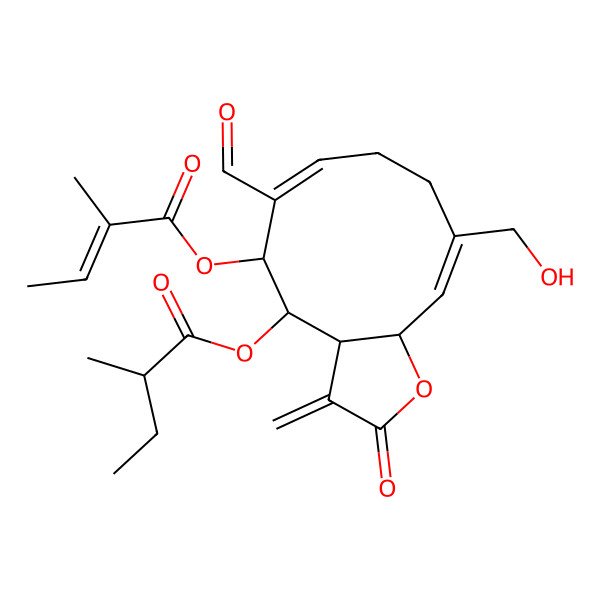 2D Structure of [(3aS,4S,5R,6E,10Z,11aR)-6-formyl-10-(hydroxymethyl)-5-[(Z)-2-methylbut-2-enoyl]oxy-3-methylidene-2-oxo-3a,4,5,8,9,11a-hexahydrocyclodeca[b]furan-4-yl] (2R)-2-methylbutanoate
