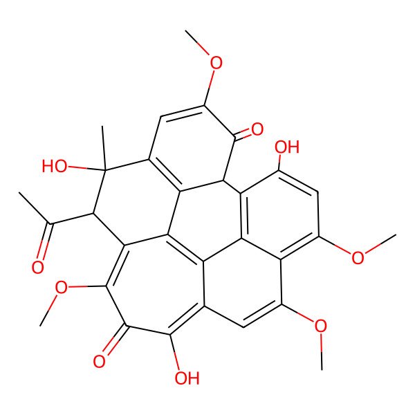2D Structure of 10-acetyl-9,14,21-trihydroxy-6,12,17,19-tetramethoxy-9-methylhexacyclo[13.8.0.02,11.03,8.04,22.018,23]tricosa-1,3(8),6,11,14,16,18,20,22-nonaene-5,13-dione
