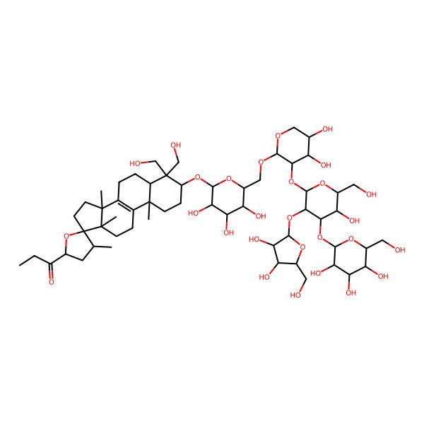 2D Structure of 1-[(2'S,3S,4'R,5R,10S,13S,14S,17S)-3-[(2R,3R,4S,5S,6R)-6-[[(2R,3S,4R,5R)-3-[(2S,3R,4S,5R,6R)-3-[(2S,3R,4R,5S)-3,4-dihydroxy-5-(hydroxymethyl)oxolan-2-yl]oxy-5-hydroxy-6-(hydroxymethyl)-4-[(2S,3R,4S,5R,6R)-3,4,5-trihydroxy-6-(hydroxymethyl)oxan-2-yl]oxyoxan-2-yl]oxy-4,5-dihydroxyoxan-2-yl]oxymethyl]-3,4,5-trihydroxyoxan-2-yl]oxy-4,4-bis(hydroxymethyl)-4',10,13,14-tetramethylspiro[1,2,3,5,6,7,11,12,15,16-decahydrocyclopenta[a]phenanthrene-17,5'-oxolane]-2'-yl]propan-1-one