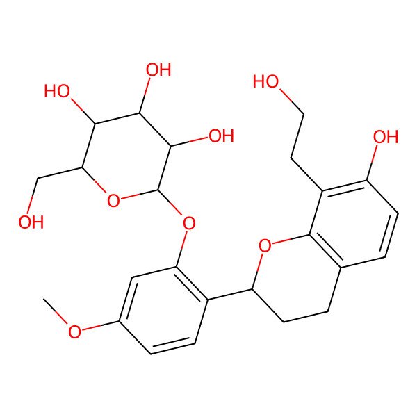 2D Structure of (2S,3R,4S,5S,6R)-2-[2-[(2S)-7-hydroxy-8-(2-hydroxyethyl)-3,4-dihydro-2H-chromen-2-yl]-5-methoxyphenoxy]-6-(hydroxymethyl)oxane-3,4,5-triol