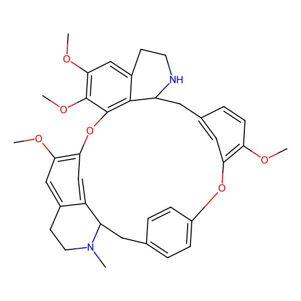 2D Structure of 9,20,21,25-Tetramethoxy-30-methyl-7,23-dioxa-15,30-diazaheptacyclo[22.6.2.23,6.18,12.114,18.027,31.022,33]hexatriaconta-3(36),4,6(35),8,10,12(34),18,20,22(33),24,26,31-dodecaene
