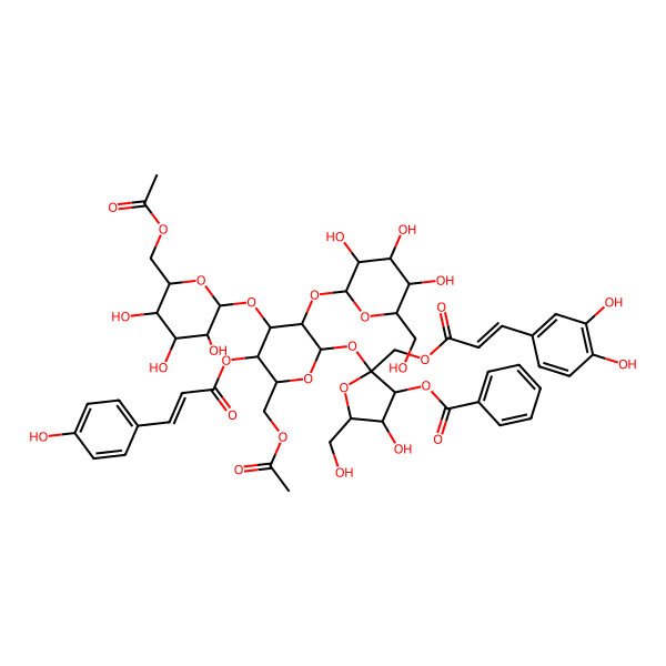 2D Structure of [(2S,3S,4R,5R)-2-[(2R,3R,4S,5R,6R)-6-(acetyloxymethyl)-4-[(2S,3R,4S,5S,6R)-6-(acetyloxymethyl)-3,4,5-trihydroxyoxan-2-yl]oxy-5-[(E)-3-(4-hydroxyphenyl)prop-2-enoyl]oxy-3-[(2S,3R,4S,5S,6R)-3,4,5-trihydroxy-6-(hydroxymethyl)oxan-2-yl]oxyoxan-2-yl]oxy-2-[[(E)-3-(3,4-dihydroxyphenyl)prop-2-enoyl]oxymethyl]-4-hydroxy-5-(hydroxymethyl)oxolan-3-yl] benzoate