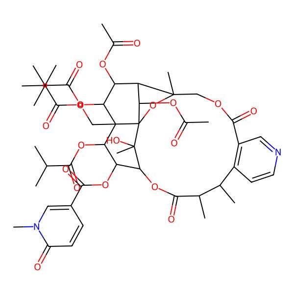 2D Structure of [22,24-Diacetyloxy-25-hydroxy-3,13,14,25-tetramethyl-19,21-bis(2-methylpropanoyloxy)-20-(2-methylpropanoyloxymethyl)-6,15-dioxo-2,5,16-trioxa-9-azapentacyclo[15.7.1.01,20.03,23.07,12]pentacosa-7(12),8,10-trien-18-yl] 1-methyl-6-oxopyridine-3-carboxylate