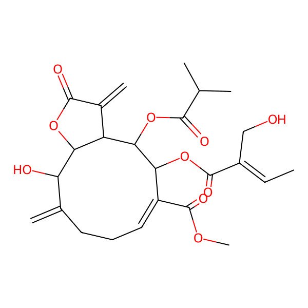2D Structure of methyl (3aS,4S,5S,6E,11S,11aS)-11-hydroxy-5-[(E)-2-(hydroxymethyl)but-2-enoyl]oxy-3,10-dimethylidene-4-(2-methylpropanoyloxy)-2-oxo-4,5,8,9,11,11a-hexahydro-3aH-cyclodeca[b]furan-6-carboxylate
