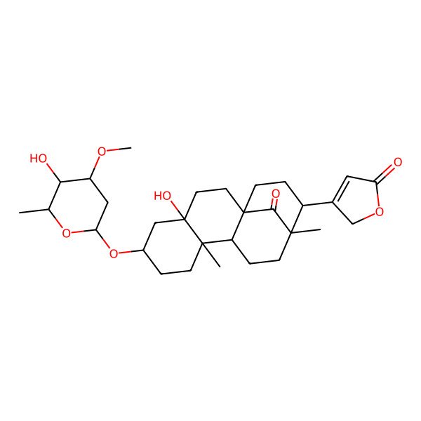 2D Structure of 3-[4-hydroxy-6-(5-hydroxy-4-methoxy-6-methyloxan-2-yl)oxy-9,13-dimethyl-17-oxo-14-tetracyclo[11.3.1.01,10.04,9]heptadecanyl]-2H-furan-5-one
