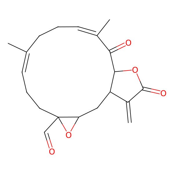 2D Structure of (1S,3S,5S,8E,12E,15S)-9,13-dimethyl-18-methylidene-14,17-dioxo-4,16-dioxatricyclo[13.3.0.03,5]octadeca-8,12-diene-5-carbaldehyde