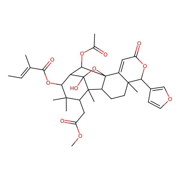 2D Structure of [18-Acetyloxy-6-(furan-3-yl)-16-hydroxy-12-(2-methoxy-2-oxoethyl)-7,11,13,13-tetramethyl-4-oxo-5,17-dioxapentacyclo[13.2.1.01,10.02,7.011,16]octadec-2-en-14-yl] 2-methylbut-2-enoate